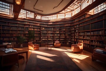 A cozy library with tall bookshelves filled with books, soft reading chairs, and warm lighting, creating a welcoming and peaceful atmosphere.