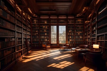 A cozy library with tall bookshelves filled with books, soft reading chairs, and warm lighting, creating a welcoming and peaceful atmosphere. - obrazy, fototapety, plakaty