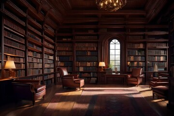 A cozy library with tall bookshelves filled with books, soft reading chairs, and warm lighting,...