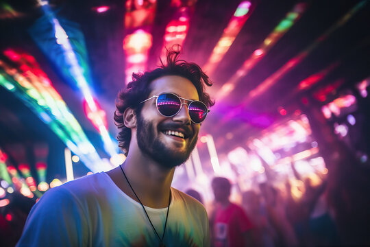 Handsome man wearing sunglasses having fun in a rave music festival