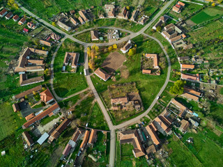 Aerial drone view over the round village of Charlottenburg, Timis, Romania