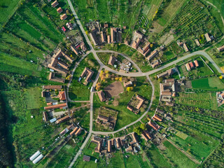 Aerial drone view over the round village of Charlottenburg, Timis, Romania