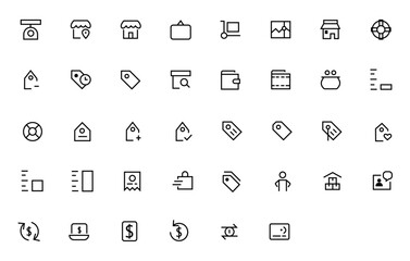 Black icons set for retail, shopping, grocery, e-commerce, restaurant food delivery concept. Flat outline vector illustration isolated on white background for website