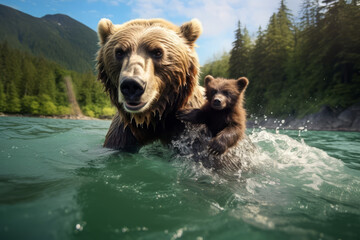 Fototapeta premium Bear swims and dives in the water