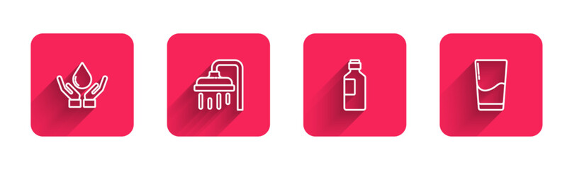 Set line Washing hands with soap, Shower head, Bottle of water and Glass with long shadow. Red square button. Vector