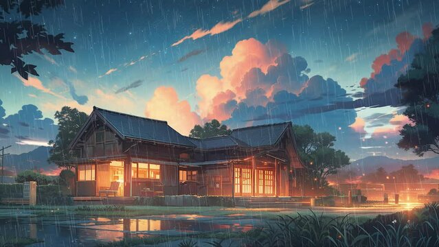 A house in the rain at dusk, in the style of Japanese style landscapes, anime background animation