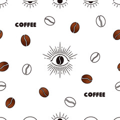 Illustration of coffee beans with lettering and creative eye illustration against white background