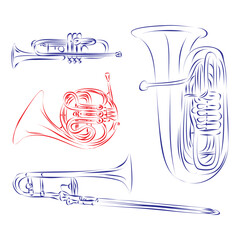 Continuous line drawing of brass music instruments family: trumpet, horn, trombone, tuba. Hand drawn, vector illustration music concept