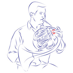 Continuous line drawing of a musician playing a modern horn music instrument. Hand drawn, vector illustration music concept