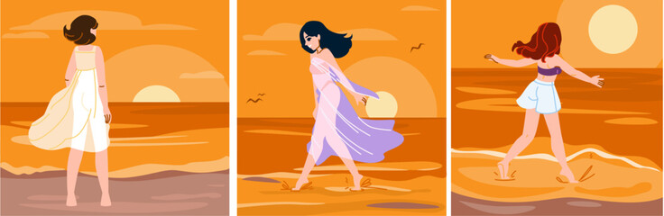 sea woman sunset beach vector. female happy, summer girl, water sun sea woman sunset beach character. people flat cartoon illustration