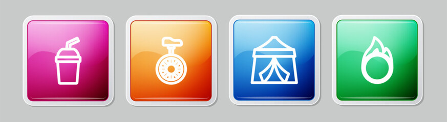 Set line Paper glass with water, Unicycle or one wheel bicycle, Circus tent and fire hoop. Colorful square button. Vector © Kostiantyn
