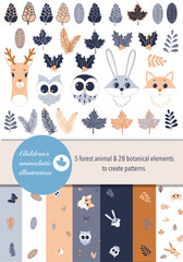 Set of forest animals, owls, fox, hare, deer, leaves, cones, fir-tree branch, children's illustration for creating patterns, prints, freehand vector digital drawing.