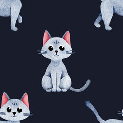 Watercolor illustration of adorable small toy cats against dark background