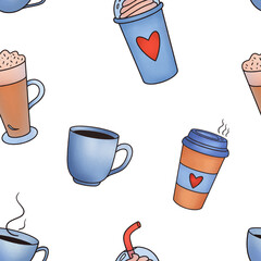 Illustration of cup of aromatic espresso takeaway coffee and latte macchiato on white background