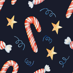 Watercolor illustration of different red and white christmas candy. Pattern against dark background 
