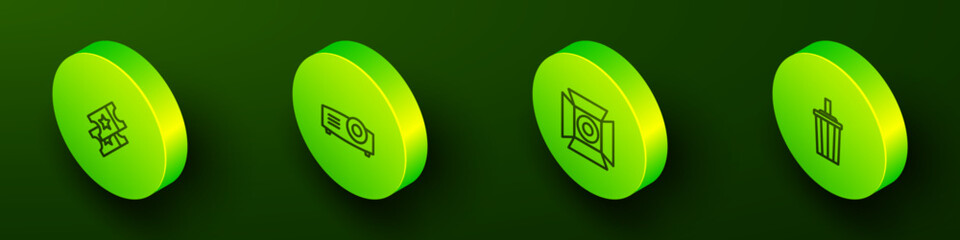 Set Isometric line Cinema ticket, Movie, film, media projector, spotlight and Paper glass with water icon. Vector