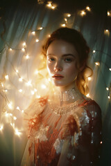 portrait of a woman/model/book character surrounded by fairy lights and shadows in a fashion/beauty editorial magazine style film photography beauty look  - generative ai art