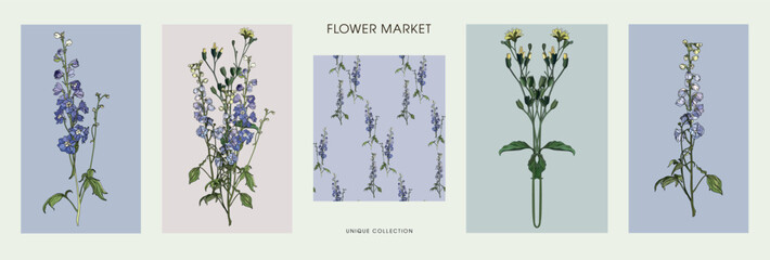 Set of posters of grass and flowers in vintage style	
