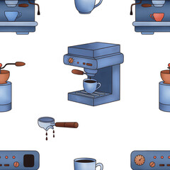 Illustration of blue coffee machine portafilter and cups with espresso on white background