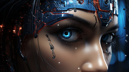 Bela composi&ccedil;&atilde;o com pedras de spa Dom&iacute;nio da intelig&ecirc;ncia artificial, um rob&ocirc; feminino despertando, abrindo olhos digitais, conceito cyberpunk