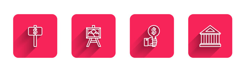 Set line Hand holding auction paddle, Auction painting, and Museum building with long shadow. Red square button. Vector