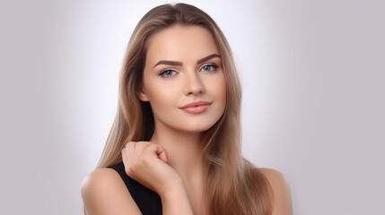 Fototapeta premium Bela jovem loira com pele perfeita, tocando seu rosto. Tratamento facial. Conceito de cosmetologia, beleza e spa. isolado no fundo branco