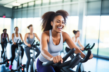  Group fitness class , featuring participants engaged in an energetic workout, such as spinning,...