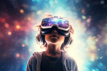 Kid or teen wear Vr headset in metaverse universe futuristic virtual world state of consciousness.