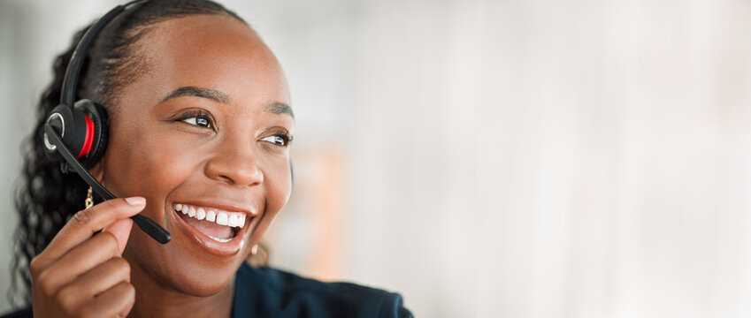 Thinking, telemarketing or black woman with a smile, customer service and internet connection with success. Female person, consultant or agent with telecom sales, achievement and call center with crm