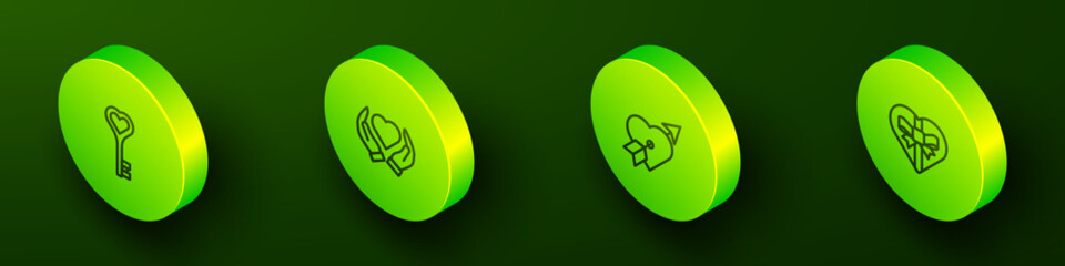Set Isometric line Key in heart shape, Heart hand, Amour with arrow and Candy shaped box icon. Vector