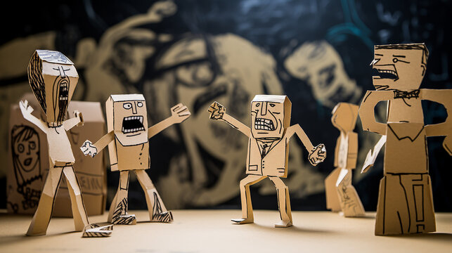 Figuras de papel&atilde;o com desenhos de pessoas raivosas discutindo
