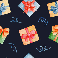 Watercolor illustration of different Christmas presents. Pattern against dark background 