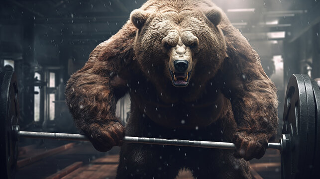 determinado urso  gigante levantando pesos na sala de gin&aacute;stica