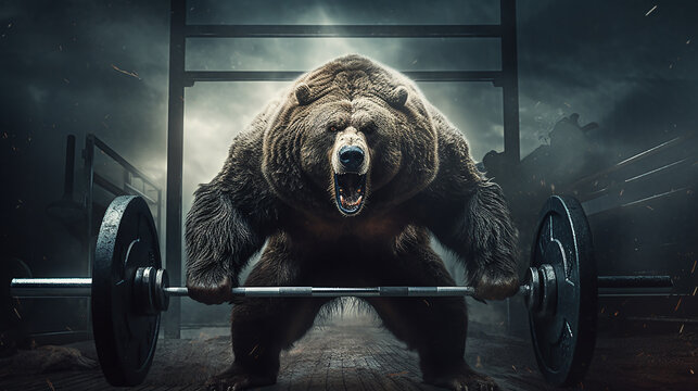 determinado urso  gigante levantando pesos na sala de gin&aacute;stica
