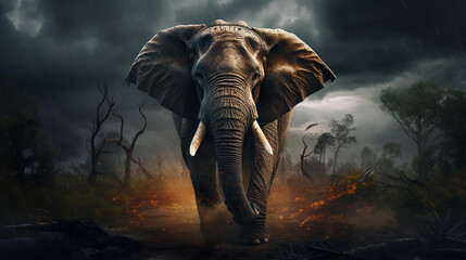 Elefante determinado na tempestade da floresta