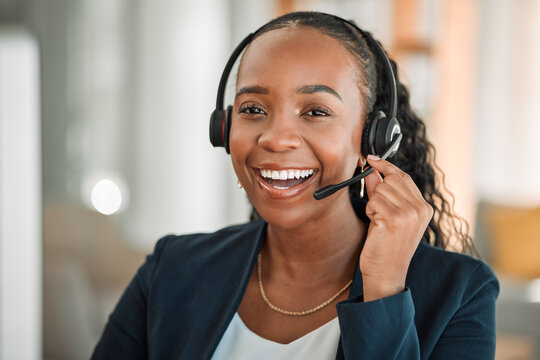 Portrait, telemarketing or black woman with a smile, customer service and internet connection with advice. Female person, face and consultant with telecom sales, agent and call center with headphones