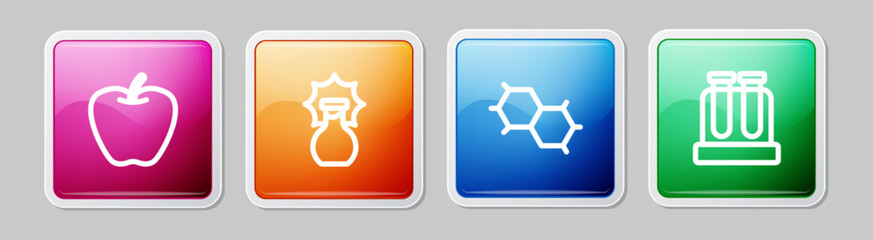 Set line Apple, Explosion in the flask, Chemical formula and Test tube. Colorful square button. Vector