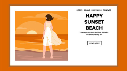 summer happy sunset beach vector. young happiness, sea vacation, lifestyle sun summer happy sunset beach web flat cartoon illustration