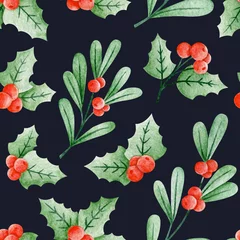 Behang Watercolor illustration of bright red small berries with green leaves pattern against black background © Anastasiia Kardasova