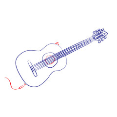 Continuous line drawing of an electro-classical guitar, highlighting the electric parts. Hand drawn, vector illustration music concept