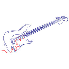Continuous line drawing of an electric bass guitar, highlighting the electric parts. Hand drawn, vector illustration music concept