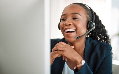 Funny, telemarketing and black woman with a smile, customer service and internet connection with...