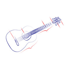 Continuous line drawing of a classical guitar, with component parts indicators. Hand drawn, vector illustration music concept