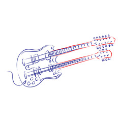 Continuous line drawing of a double neck, electric guitar. Hand drawn, vector illustration music concept