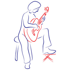 Continuous line drawing of a musician playing a classical guitar, highlighting the posture with left foot on footstool. Hand drawn, vector illustration music concept