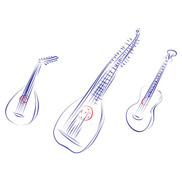 Continuous line drawing of music instruments with strings, related to the guitar history: lute, theorbo, romantic guitar. Hand drawn, vector illustration music concept