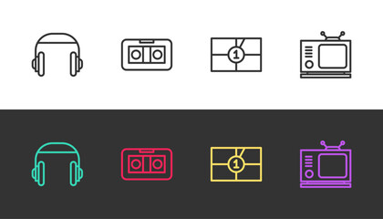 Set line Headphones, VHS video cassette tape, Old film movie countdown frame and Retro tv on black and white. Vector