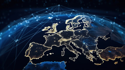 Worldwide Network Connection on Europe Map, Global Communication Technology, Internet Business connections links, IoT, and 5G Technology Connecting the Earth Globe. generative ai - obrazy, fototapety, plakaty