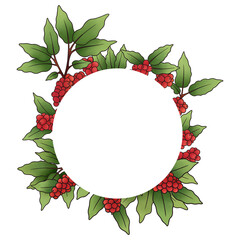 Illustration of round shaped blank frame with green leaves and red berries of coffee plant on white background
