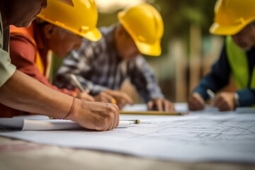 Foreman engineer and workers reading blueprint discussing at construction site, teamwork, industry, construction, engineering concept illustration. Genenative AI